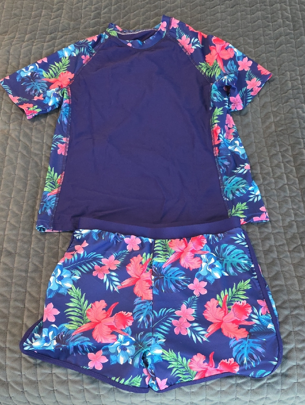Girls Navy Floral Rash Guard Set with Pink & Blue Hibiscus